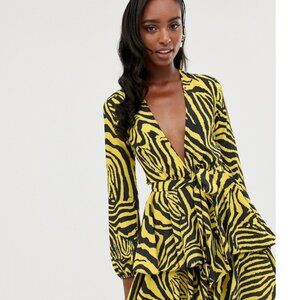 Zack Yellow/Black Zebra Animal Print Plunge Front Long Sleeve Skater Dress